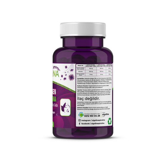 Algolina Collagen+Spirulina Tablet Takviye Edici Gıda -1260 mg 60 Tablet-(Kolajen Tip 123) (2 adet)